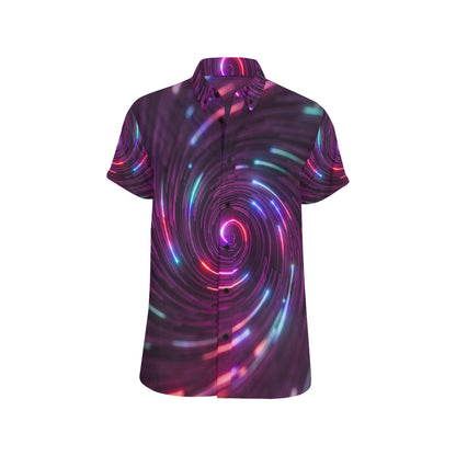 Vortex Twist Swirl Purple Neon Print Men's Short Sleeve Button Up Shirt
