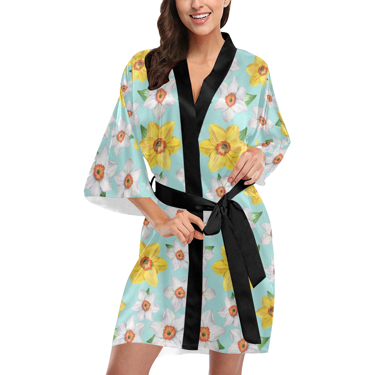 Daffodils Pattern Print Design DF07 Women's Short Kimono