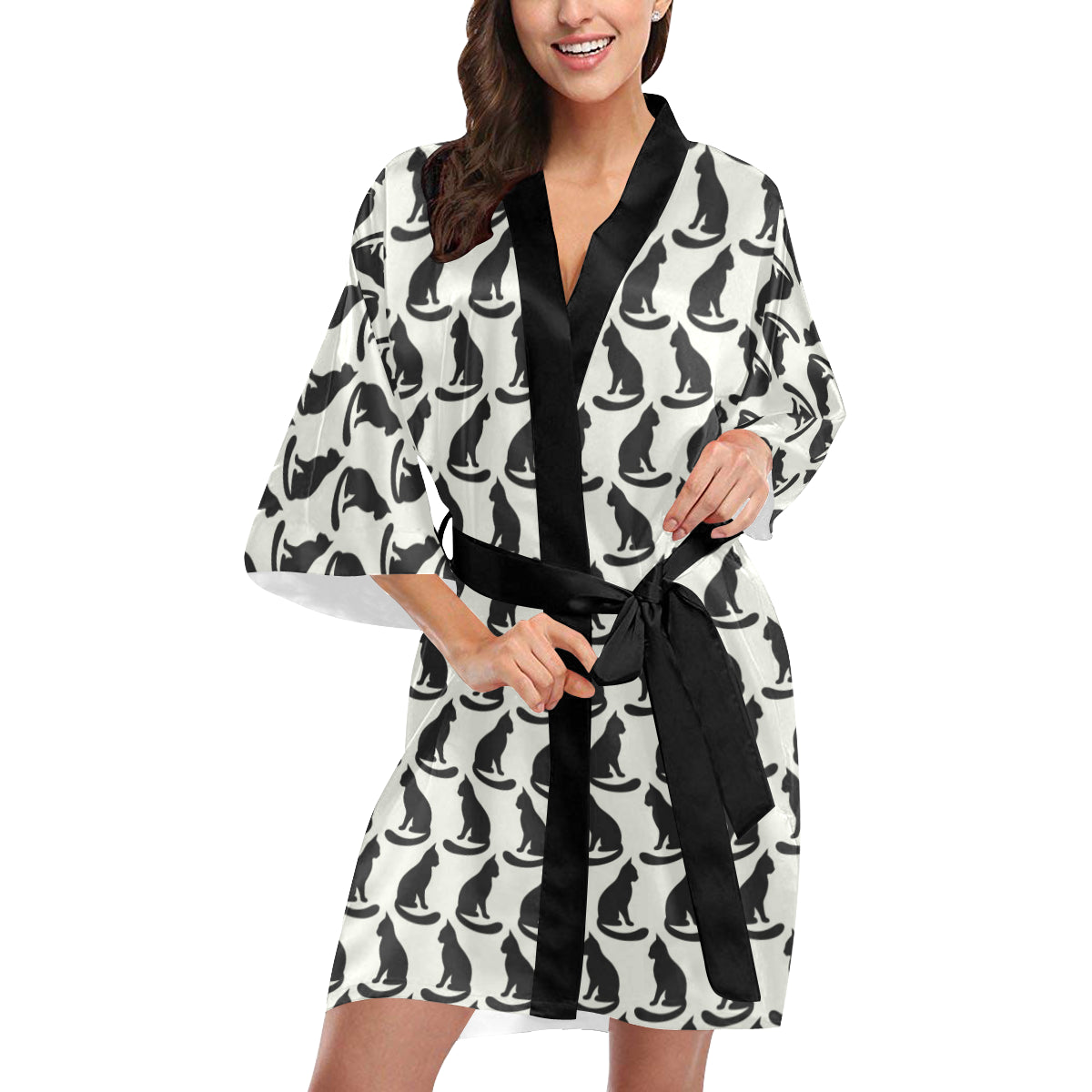 Black Cat Pattern Print Design 02 Women's Short Kimono