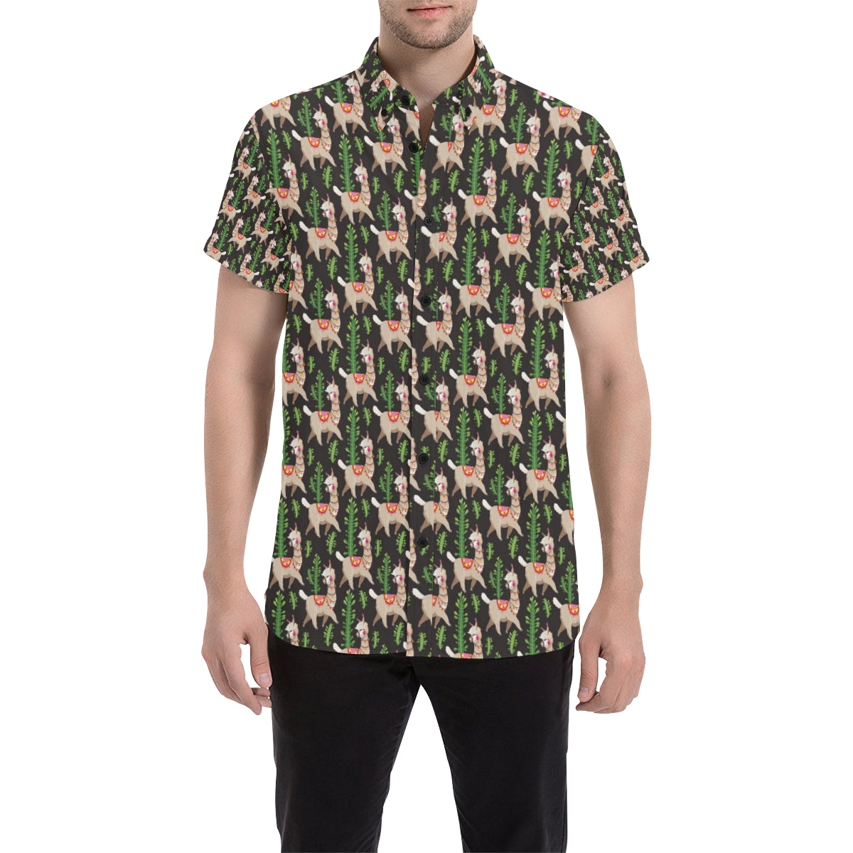 Alpaca Cactus Design Themed Print Men's Short Sleeve Button Up Shirt