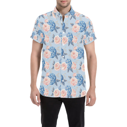 Hydrangea Pattern Print Design HD06 Men's Short Sleeve Button Up Shirt