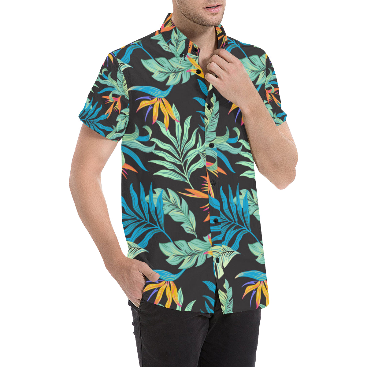 Tropical Palm Leaves Hawaiian Flower Men's Short Sleeve Button Up Shirt