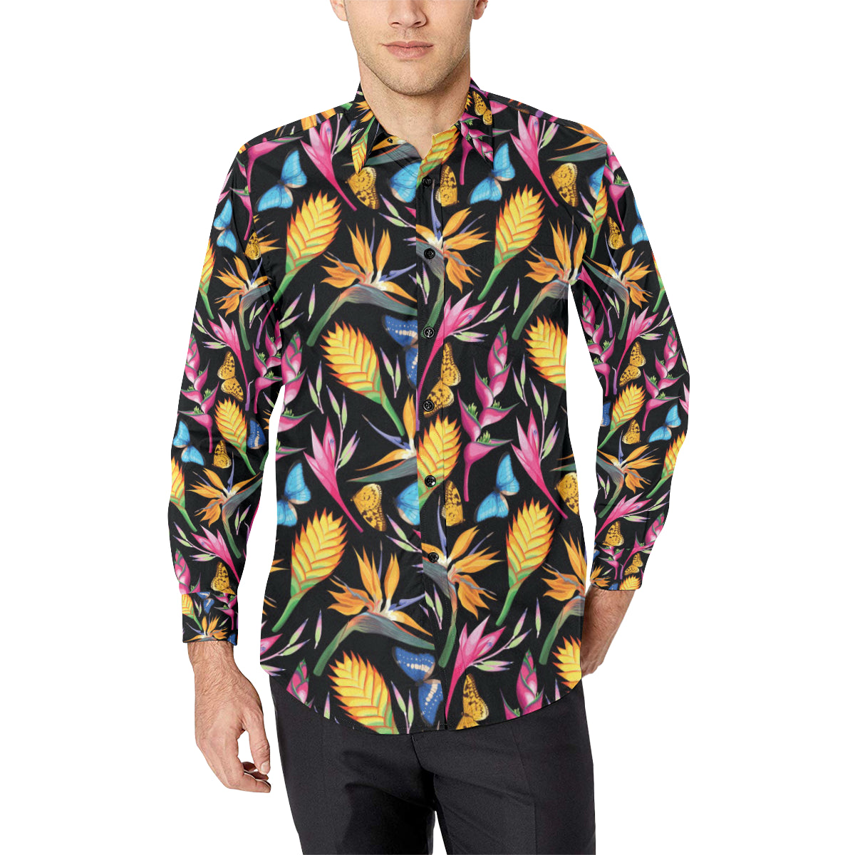 Tropical Flower Pattern Print Design TF016 Men's Long Sleeve Shirt
