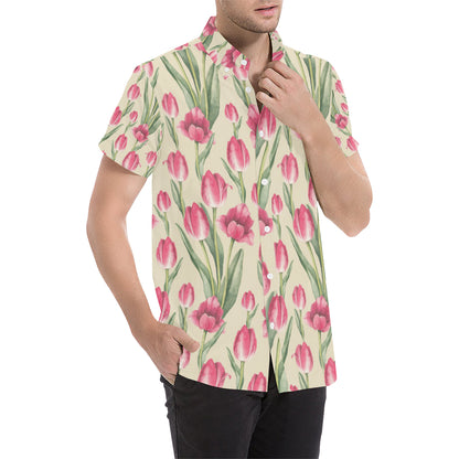 Tulip Pink Pattern Print Design TP06 Men's Short Sleeve Button Up Shirt