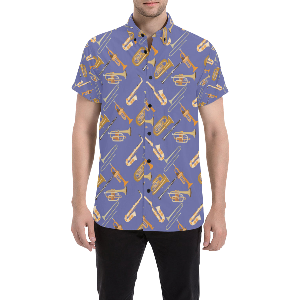 Trombone Pattern Print Design 02 Men's Short Sleeve Button Up Shirt