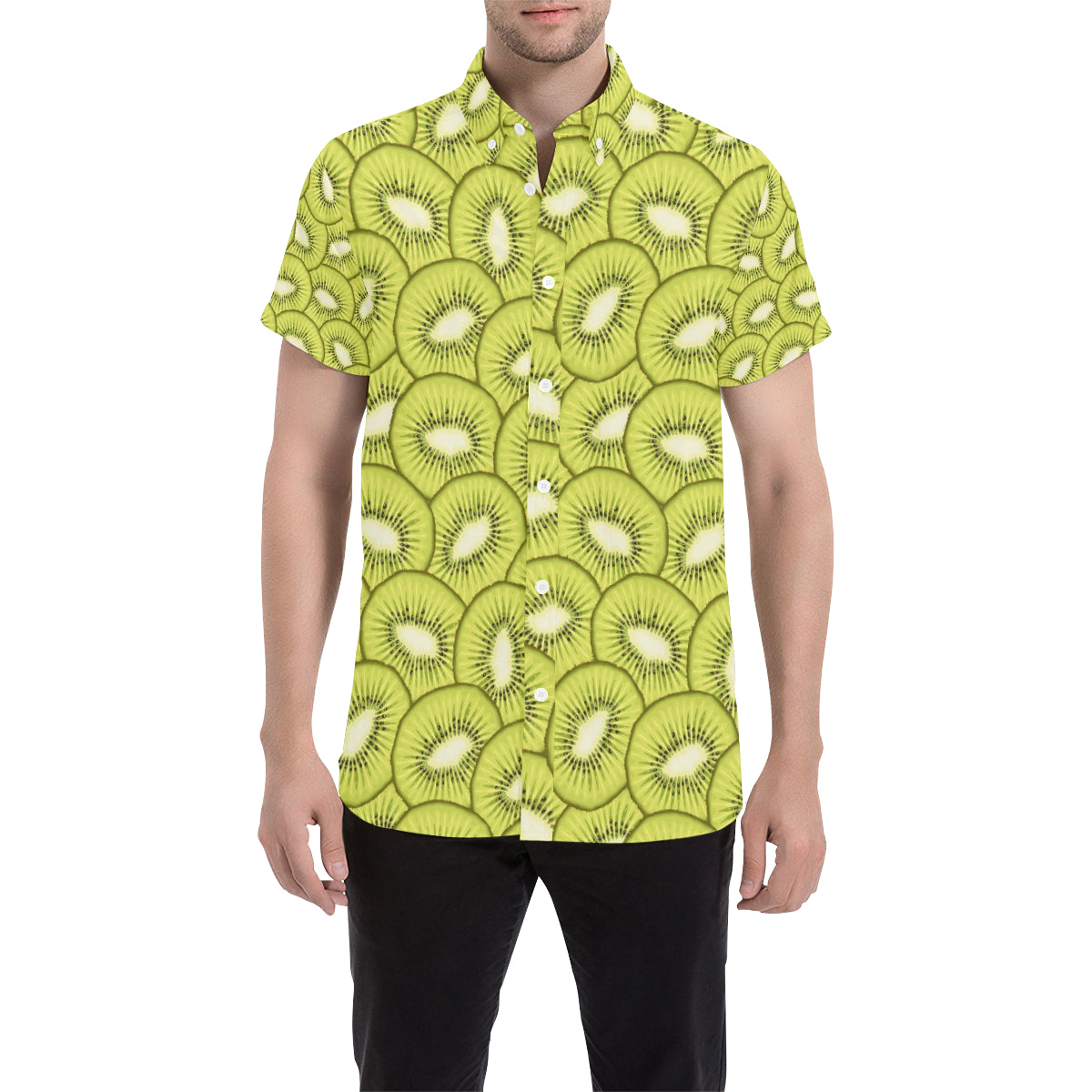 Kiwi Pattern Print Design KW07 Men's Short Sleeve Button Up Shirt