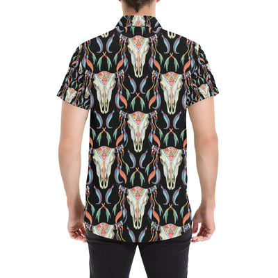 Buffalo Head Boho Style Pattern Print Design 01 Men's Short Sleeve Button Up Shirt