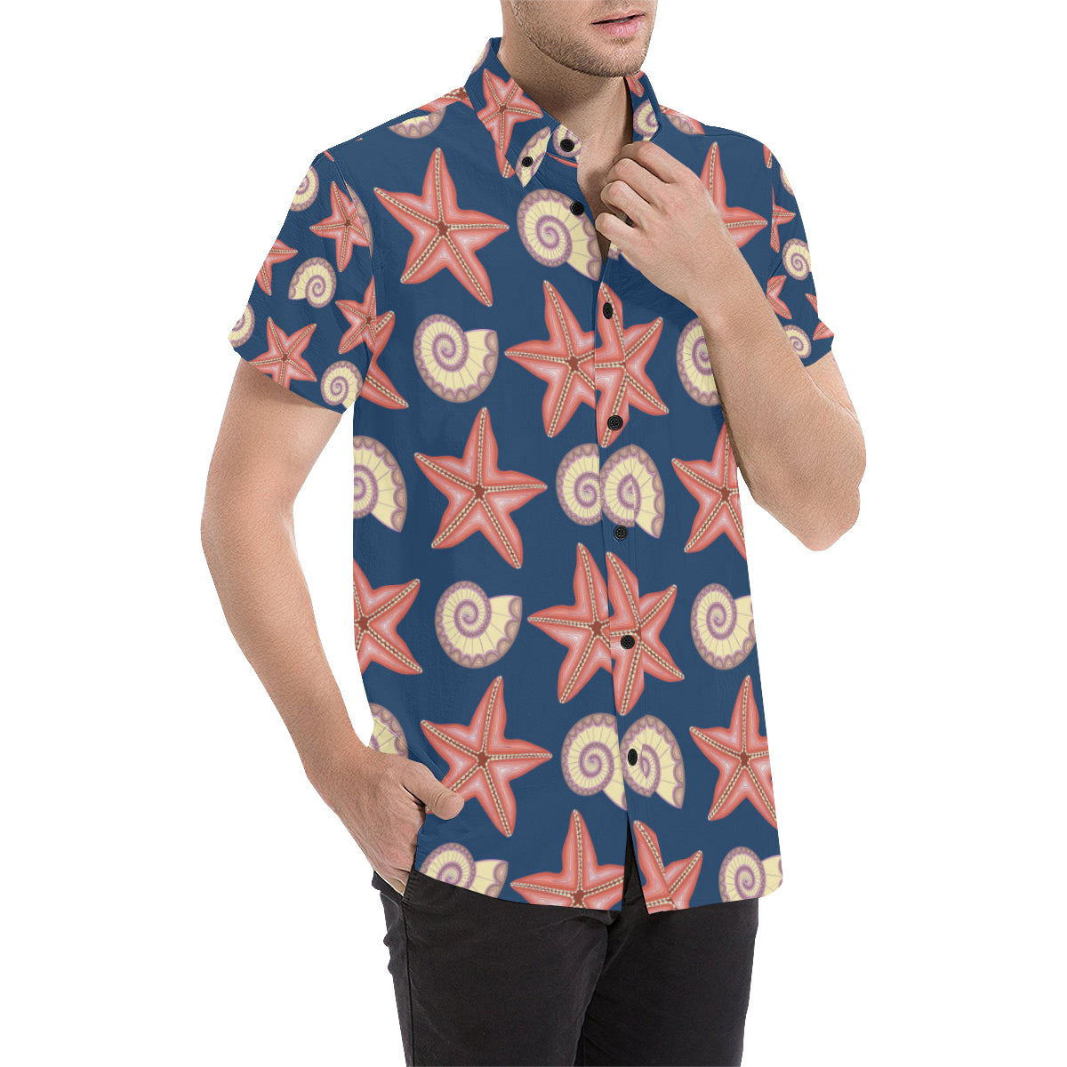 Starfish Pattern Print Design 03 Men's Short Sleeve Button Up Shirt