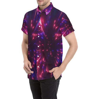 Celestial Purple Blue Neon Speed Light Men's Short Sleeve Button Up Shirt