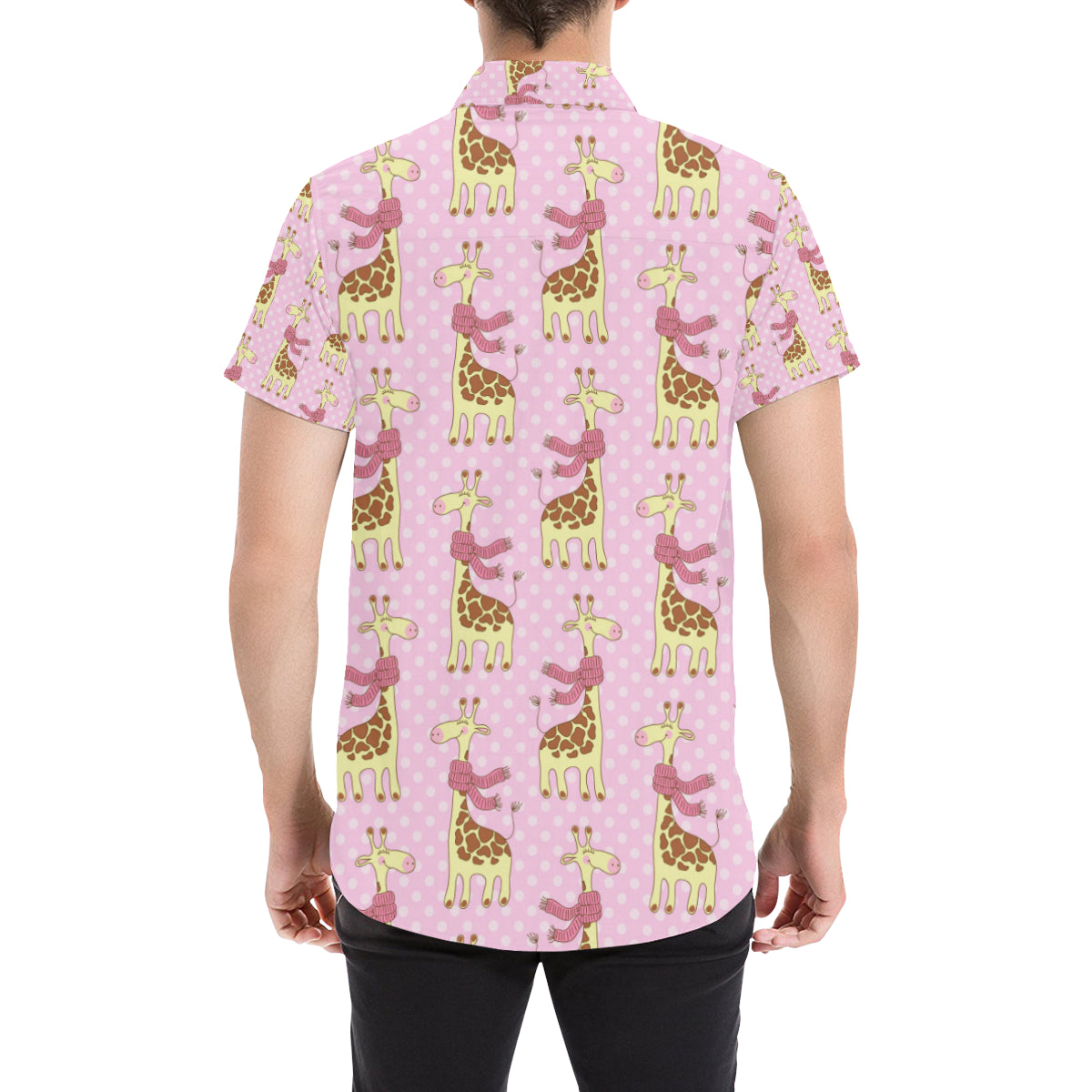 Giraffe Cute Pink Polka Dot Print Men's Short Sleeve Button Up Shirt