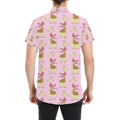 Giraffe Cute Pink Polka Dot Print Men's Short Sleeve Button Up Shirt