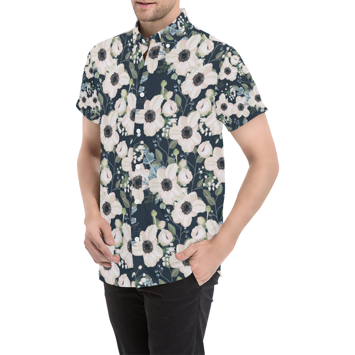 Anemone Pattern Print Design AM02 Men's Short Sleeve Button Up Shirt