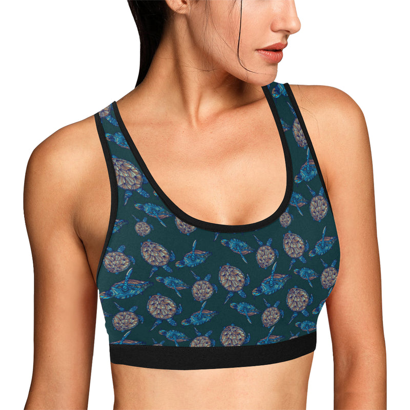 Sea Turtle Hand Drawn Blue Print Sports Bra