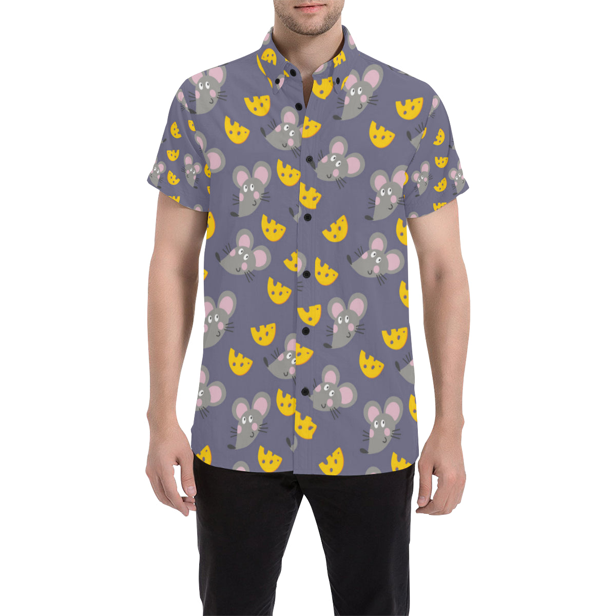 Rat With Cheese Pattern Print Design 01 Men's Short Sleeve Button Up Shirt