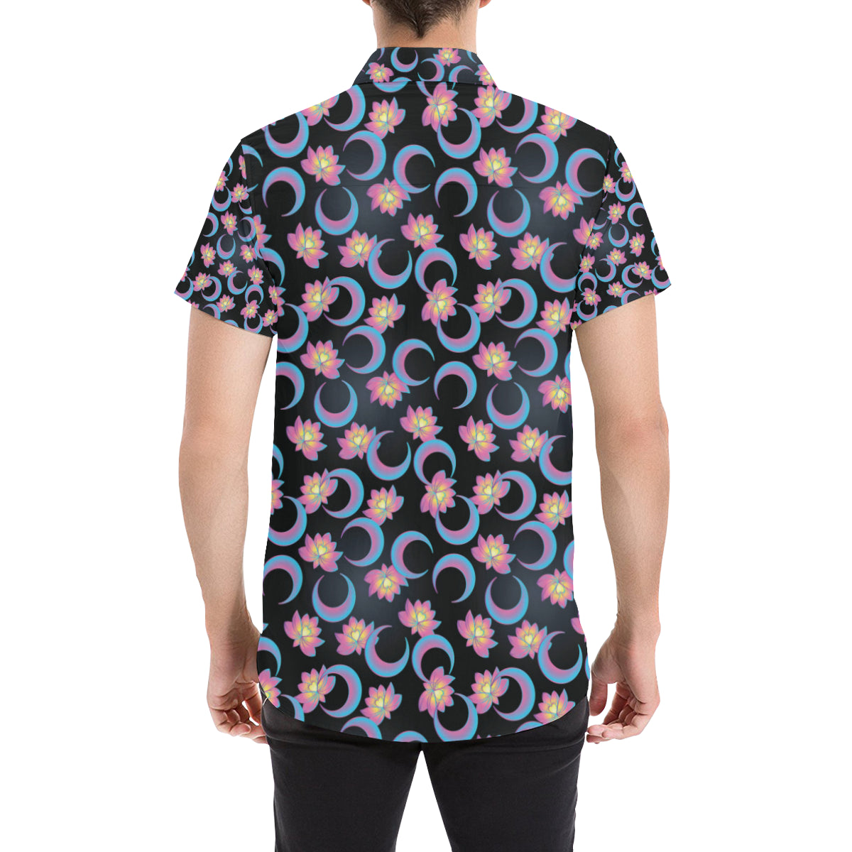 Lotus with Moon Pink Print Themed Men's Short Sleeve Button Up Shirt