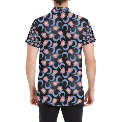 Lotus with Moon Pink Print Themed Men's Short Sleeve Button Up Shirt