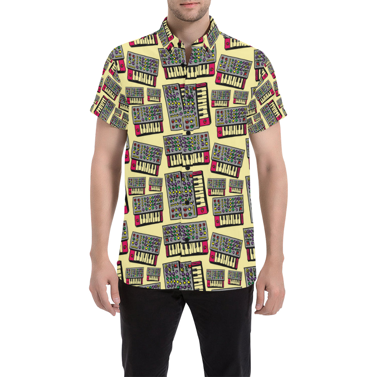 Synthesizer Pattern Print Design 01 Men's Short Sleeve Button Up Shirt
