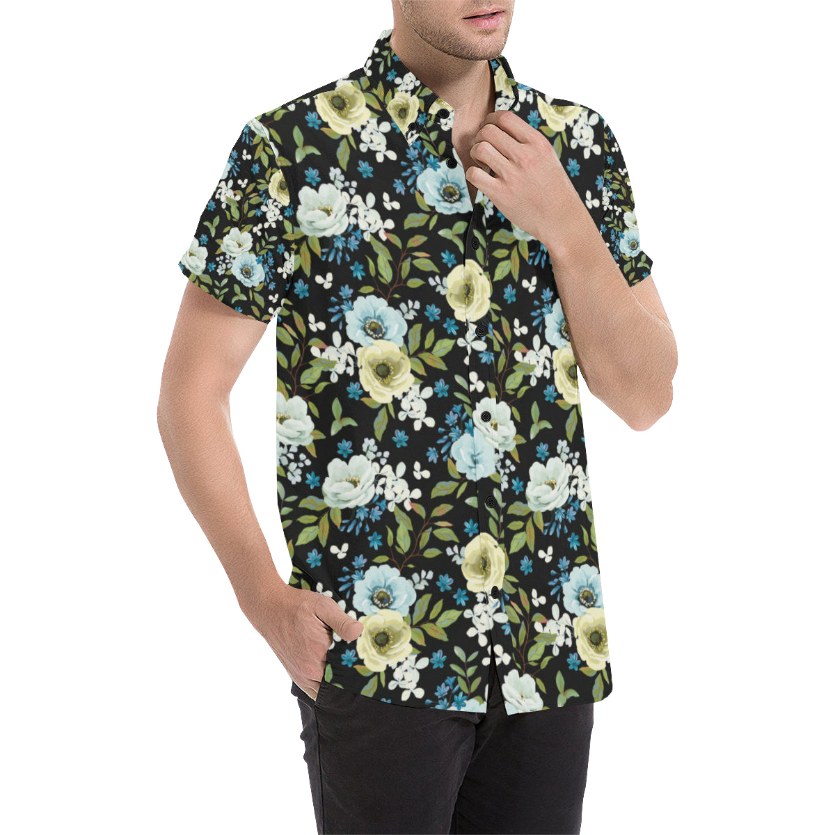 Anemone Pattern Print Design AM03 Men's Short Sleeve Button Up Shirt