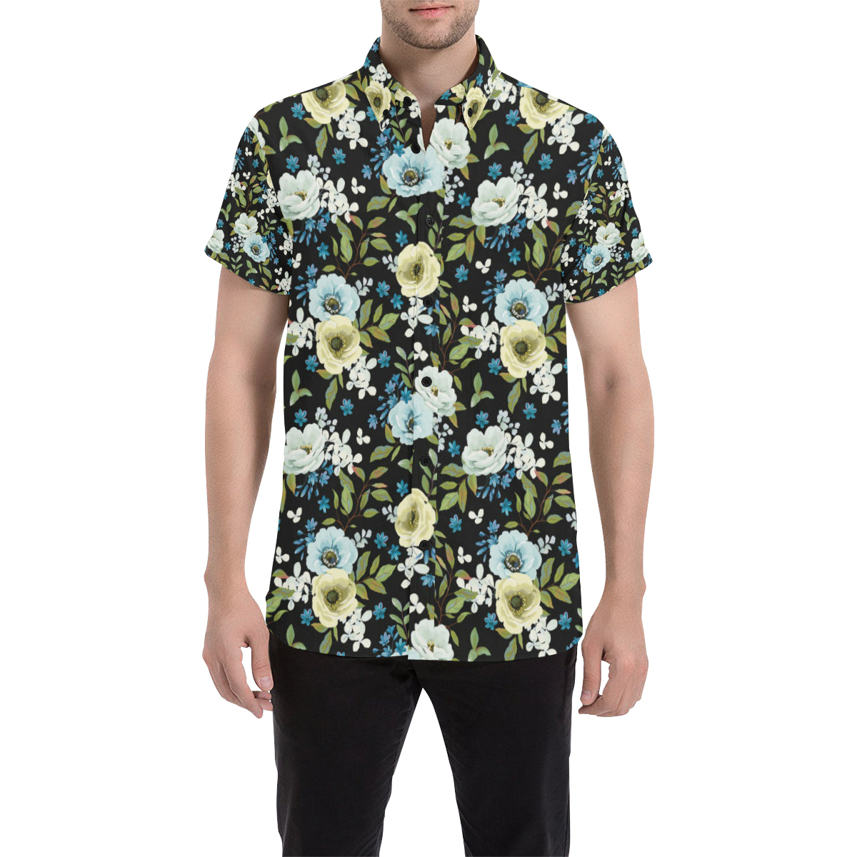 Anemone Pattern Print Design AM03 Men's Short Sleeve Button Up Shirt