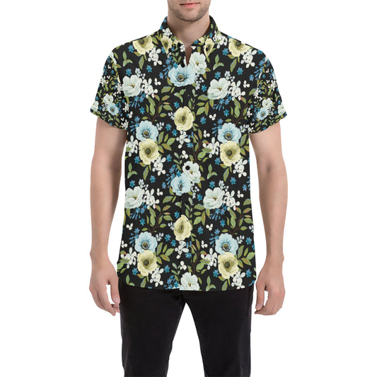 Anemone Pattern Print Design AM03 Men's Short Sleeve Button Up Shirt