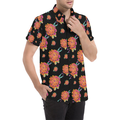 Marigold Pattern Print Design 01 Men's Short Sleeve Button Up Shirt