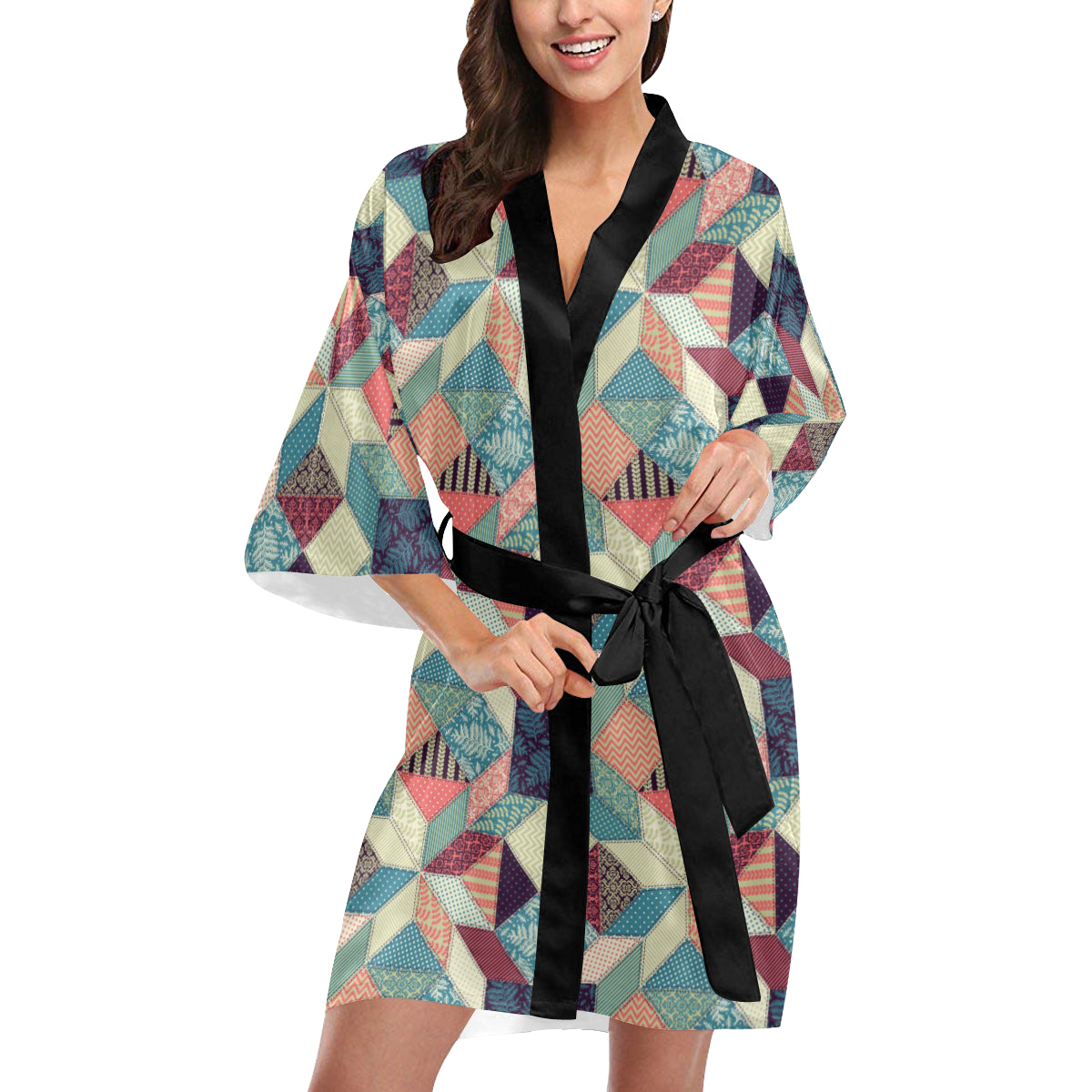 Patchwork Pattern Print Design 02 Women's Short Kimono