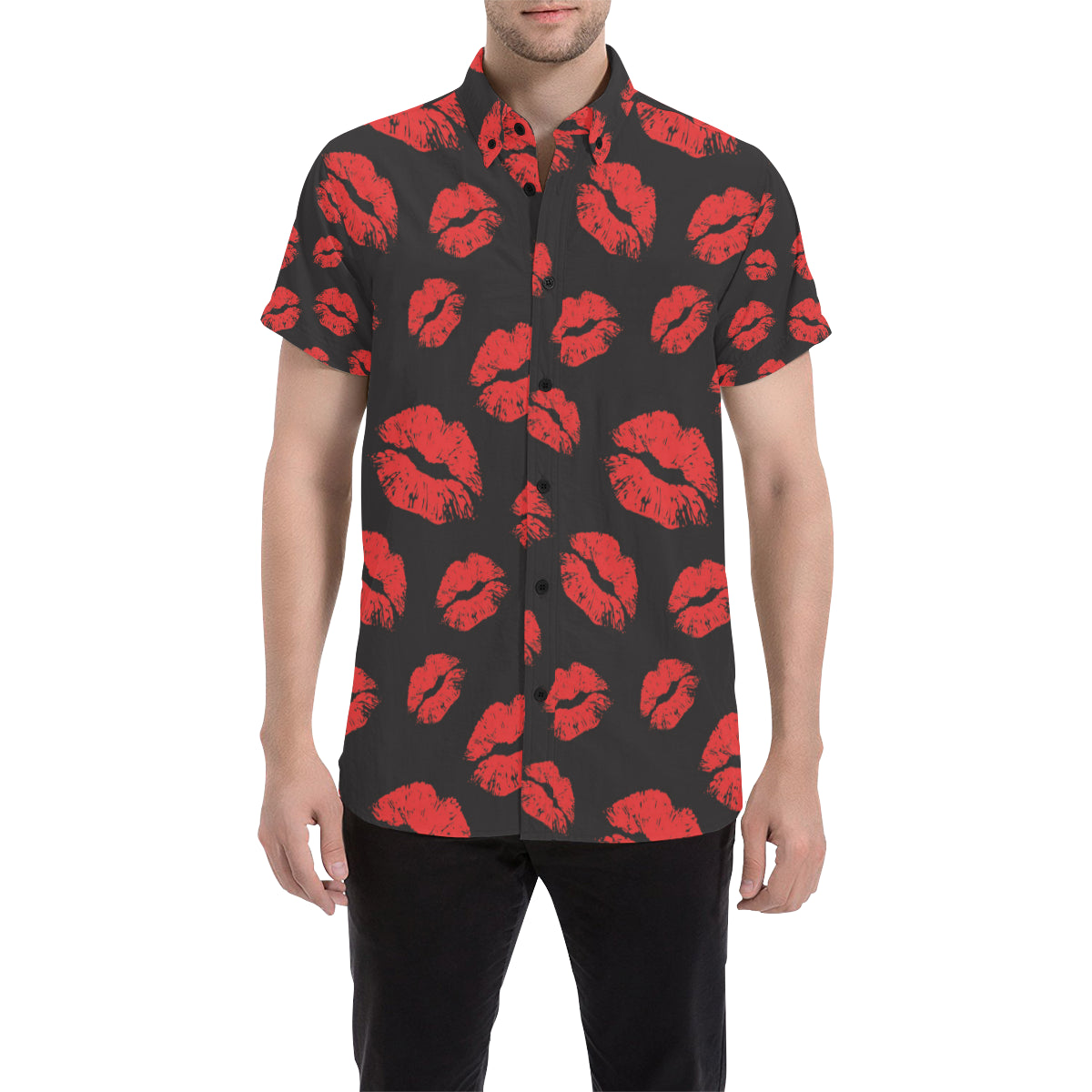 Lip Red Pattern Print Design 02 Men's Short Sleeve Button Up Shirt