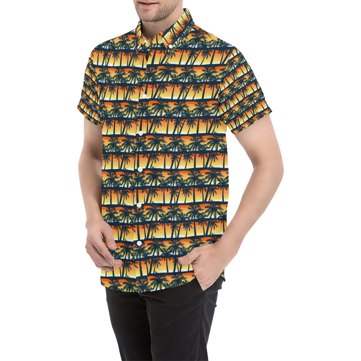 Palm Tree Sunset Design Print Men's Short Sleeve Button Up Shirt