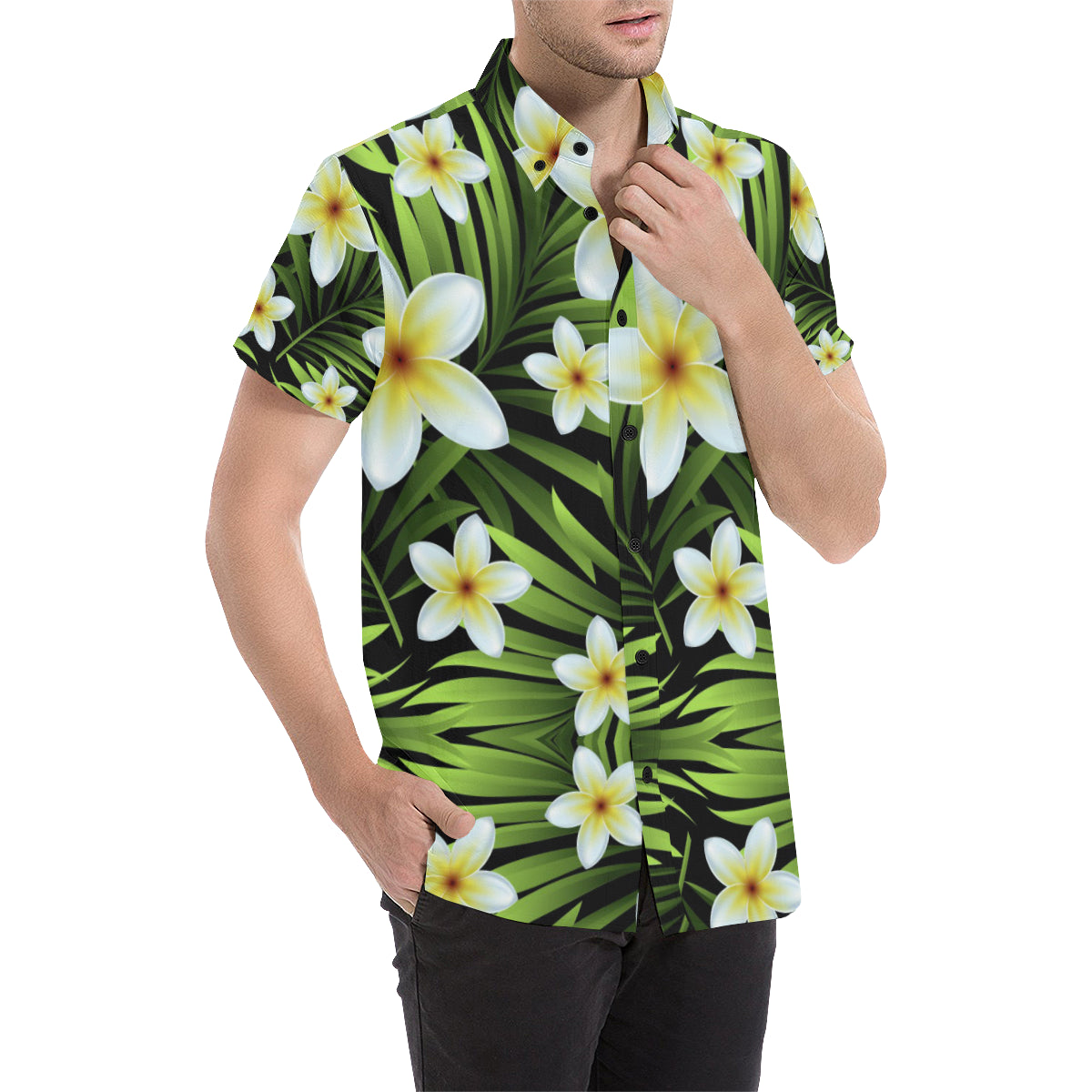 White Plumeria Pattern Print Design PM06 Men's Short Sleeve Button Up Shirt