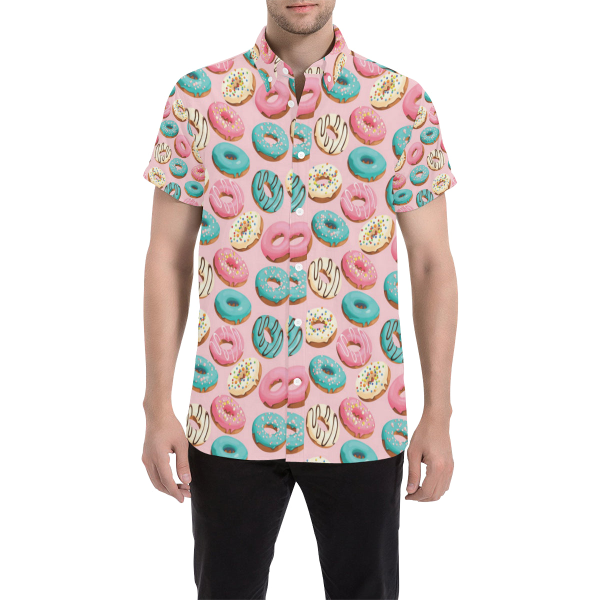 Donut Pattern Print Design DN06 Men's Short Sleeve Button Up Shirt