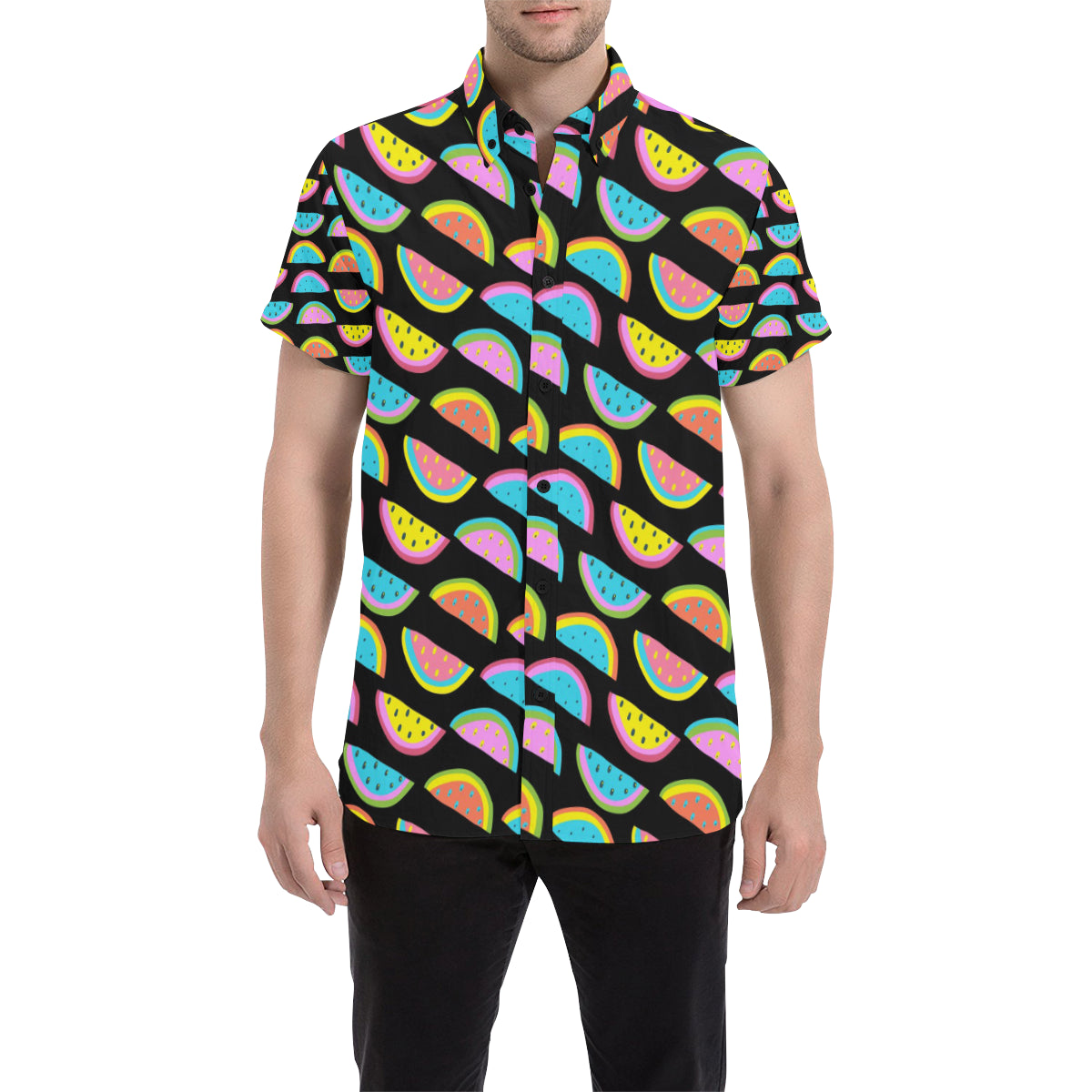 Watermelon Pattern Print Design WM08 Men's Short Sleeve Button Up Shirt