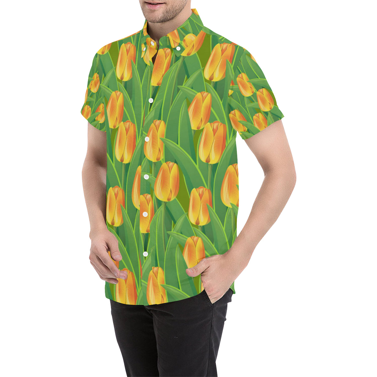 Tulip Orange Pattern Print Design TP07 Men's Short Sleeve Button Up Shirt