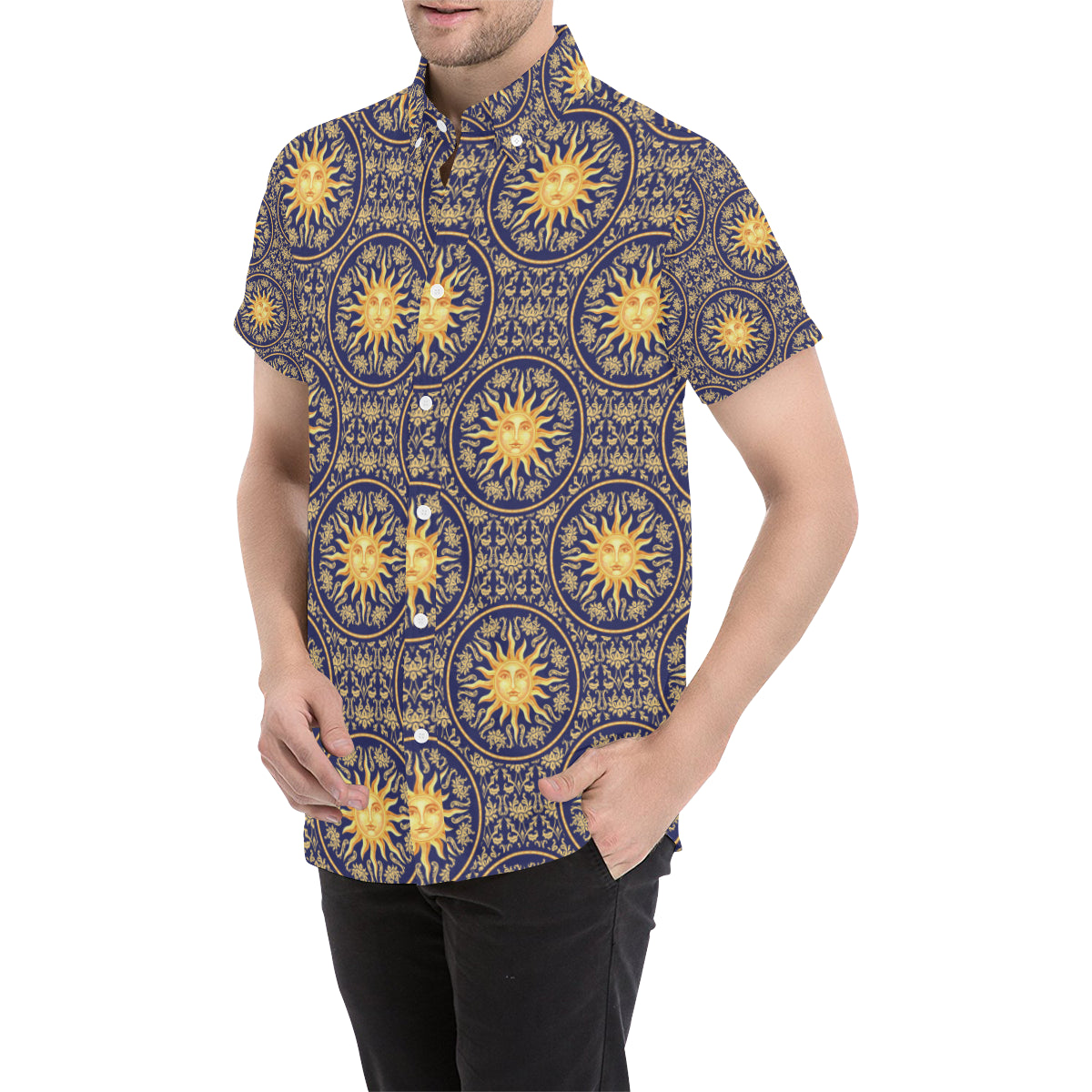 Celestial Gold Sun Face Men's Short Sleeve Button Up Shirt