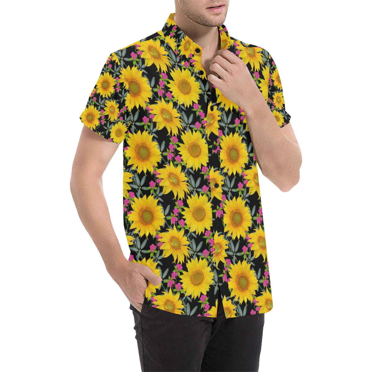 Sunflower Pattern Print Design SF014 Men's Short Sleeve Button Up Shirt