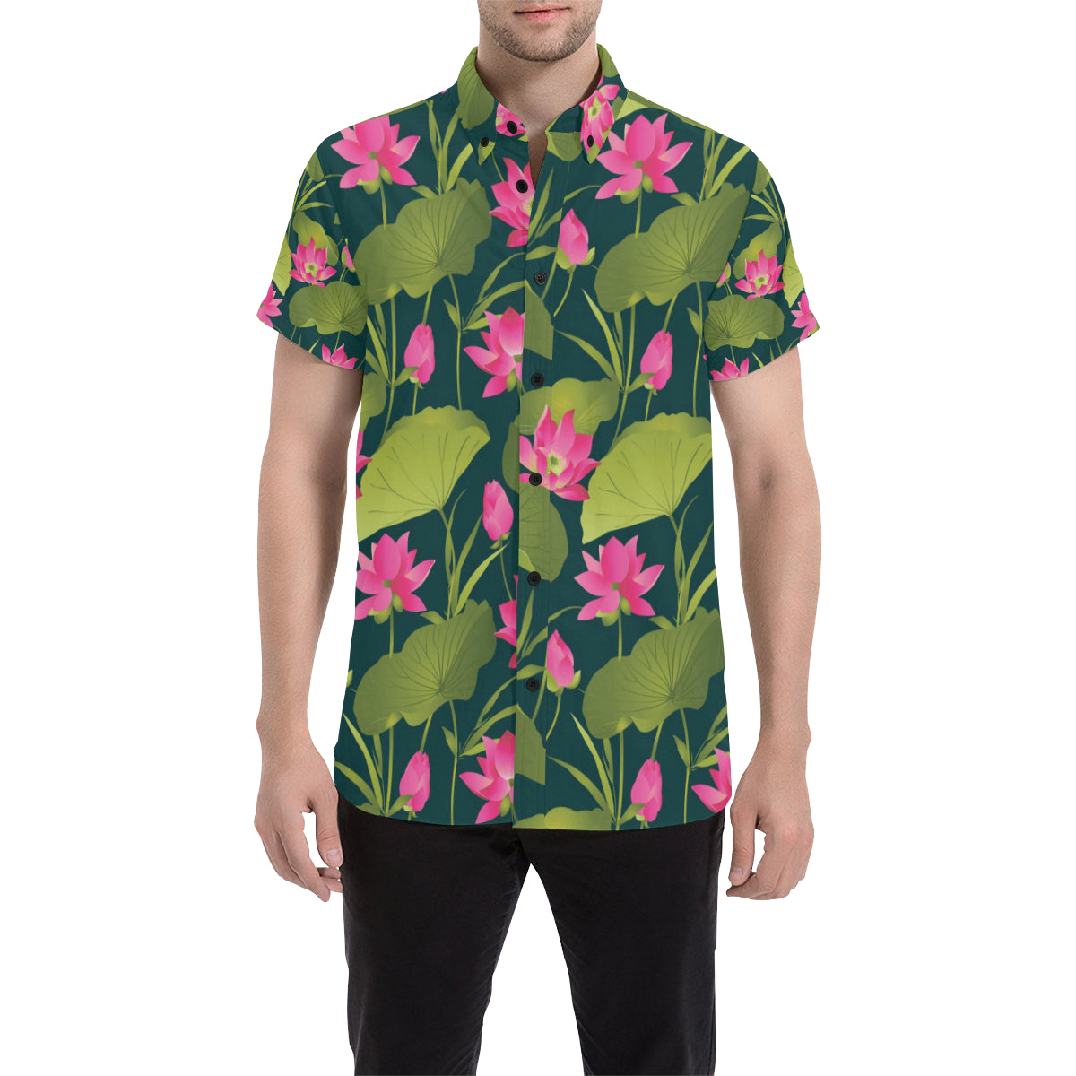 Water Lily Pattern Print Design WL09 Men's Short Sleeve Button Up Shirt
