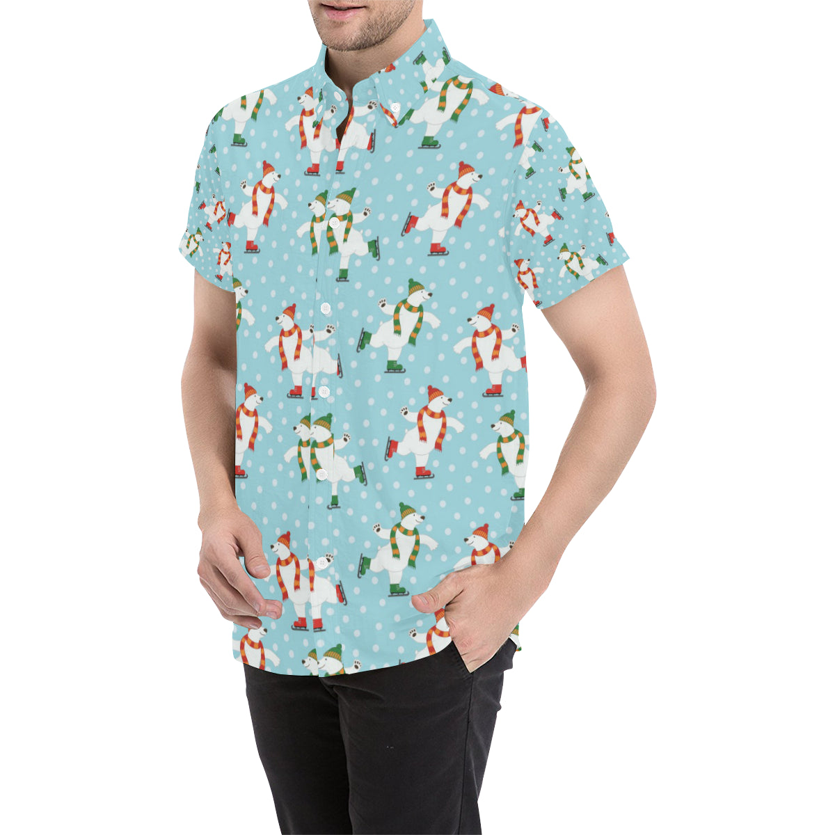 Polar Bear Pattern Print Design PB07 Men's Short Sleeve Button Up Shirt