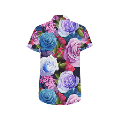 Rose Pattern Print Design RO09 Men's Short Sleeve Button Up Shirt