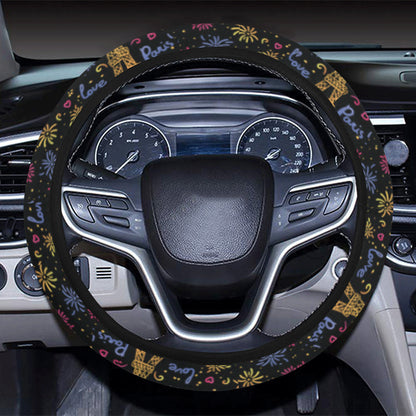 Eiffel Tower Love Paris Print Steering Wheel Cover with Elastic Edge