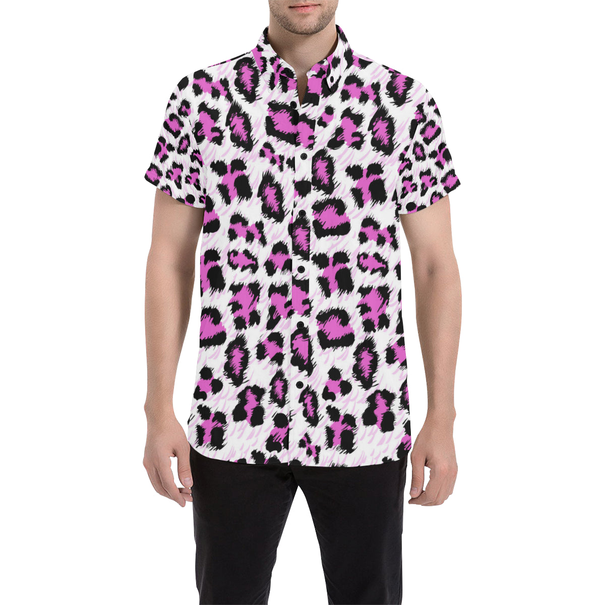 Leopard Pink Skin Print Men's Short Sleeve Button Up Shirt