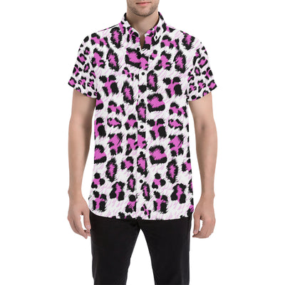 Leopard Pink Skin Print Men's Short Sleeve Button Up Shirt