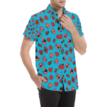 Ladybug Action Print Pattern Men's Short Sleeve Button Up Shirt
