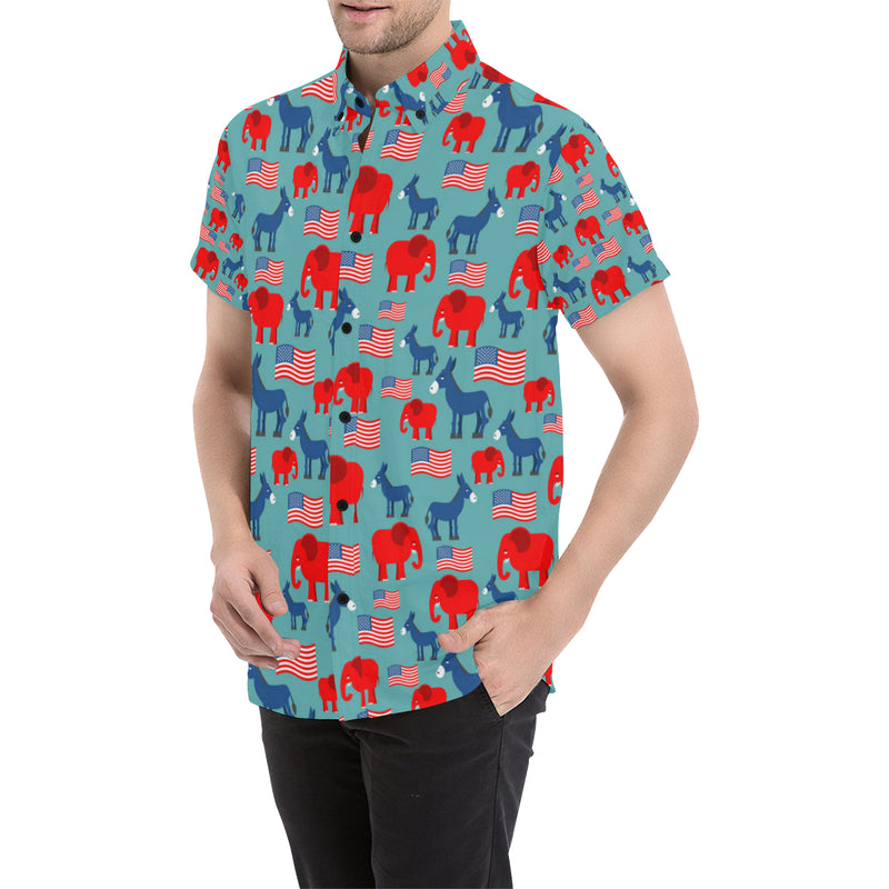 Donkey Red Elephant Pattern Print Design 03 Men's Short Sleeve Button Up Shirt