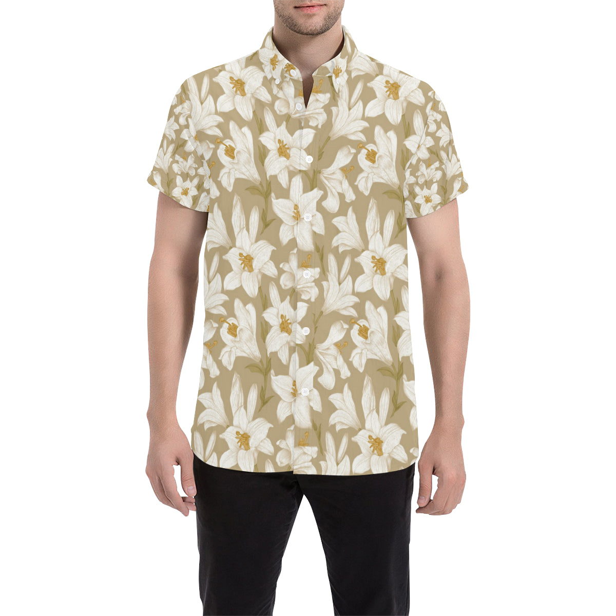 Lily Pattern Print Design LY07 Men's Short Sleeve Button Up Shirt