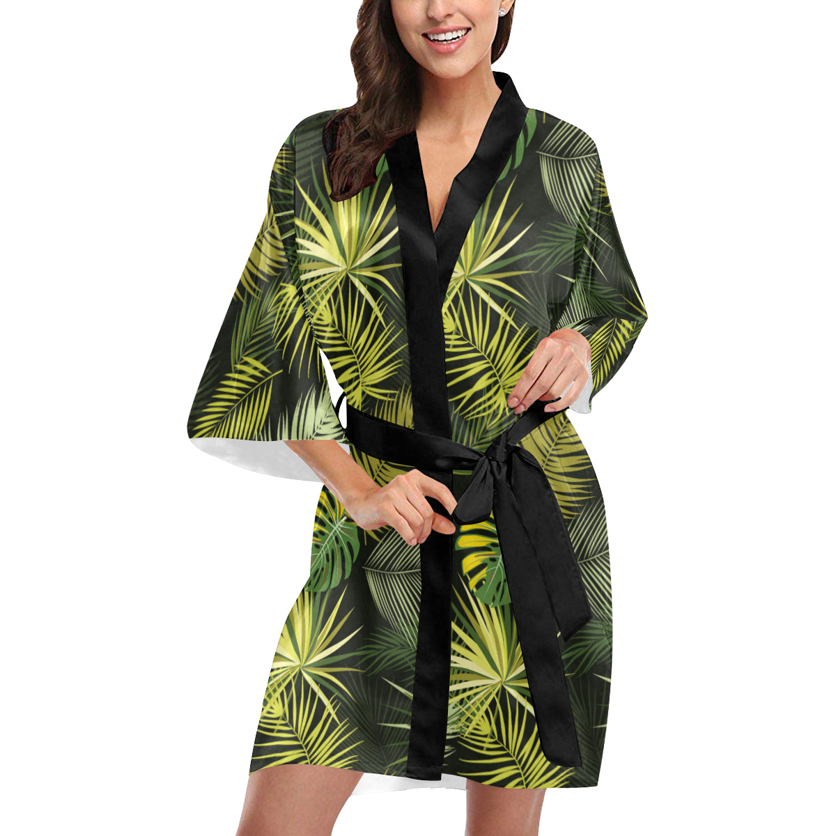 Palm Leaf Pattern Print Design A05 Women's Short Kimono