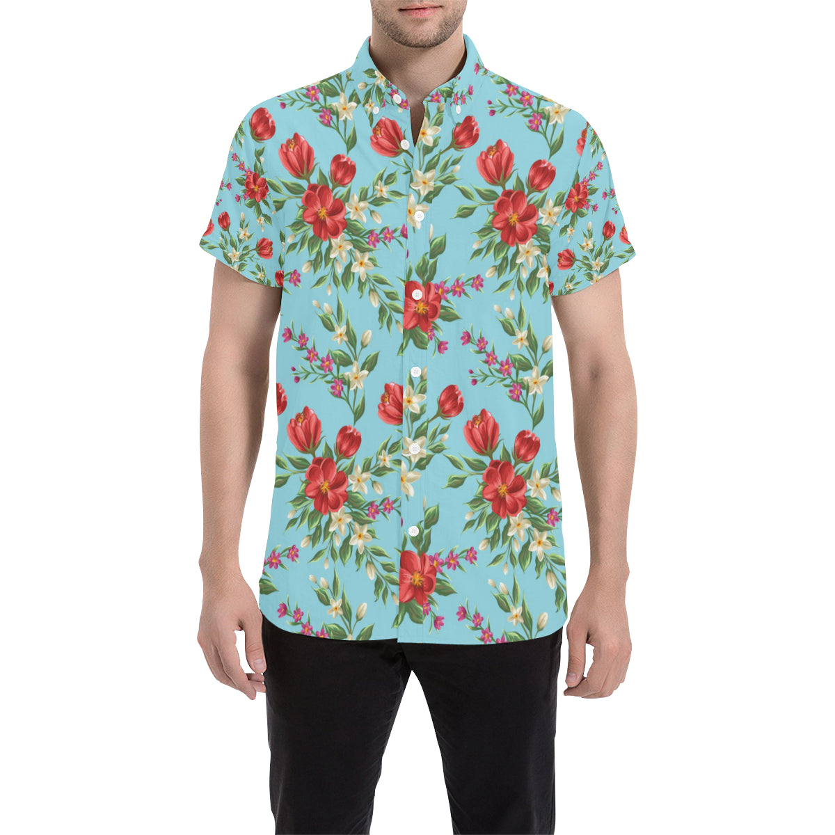 Summer Floral Pattern Print Design SF011 Men's Short Sleeve Button Up Shirt