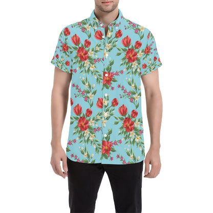 Summer Floral Pattern Print Design SF011 Men's Short Sleeve Button Up Shirt