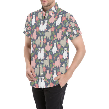 Alpaca Pattern Print Design 03 Men's Short Sleeve Button Up Shirt