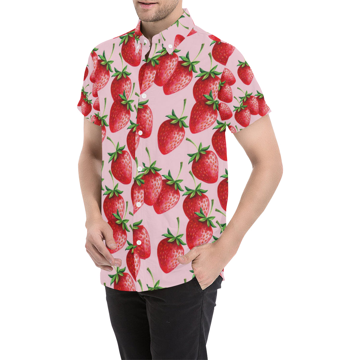 Strawberry Pattern Print Design SB03 Men's Short Sleeve Button Up Shirt