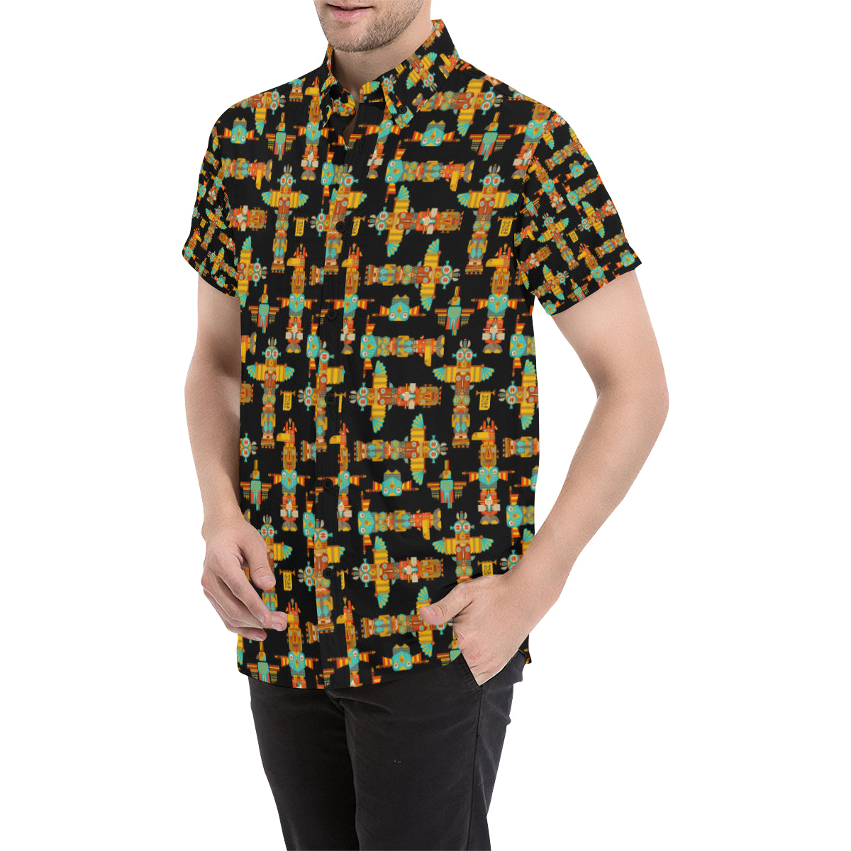Totem Pole Cartoon Print Men's Short Sleeve Button Up Shirt