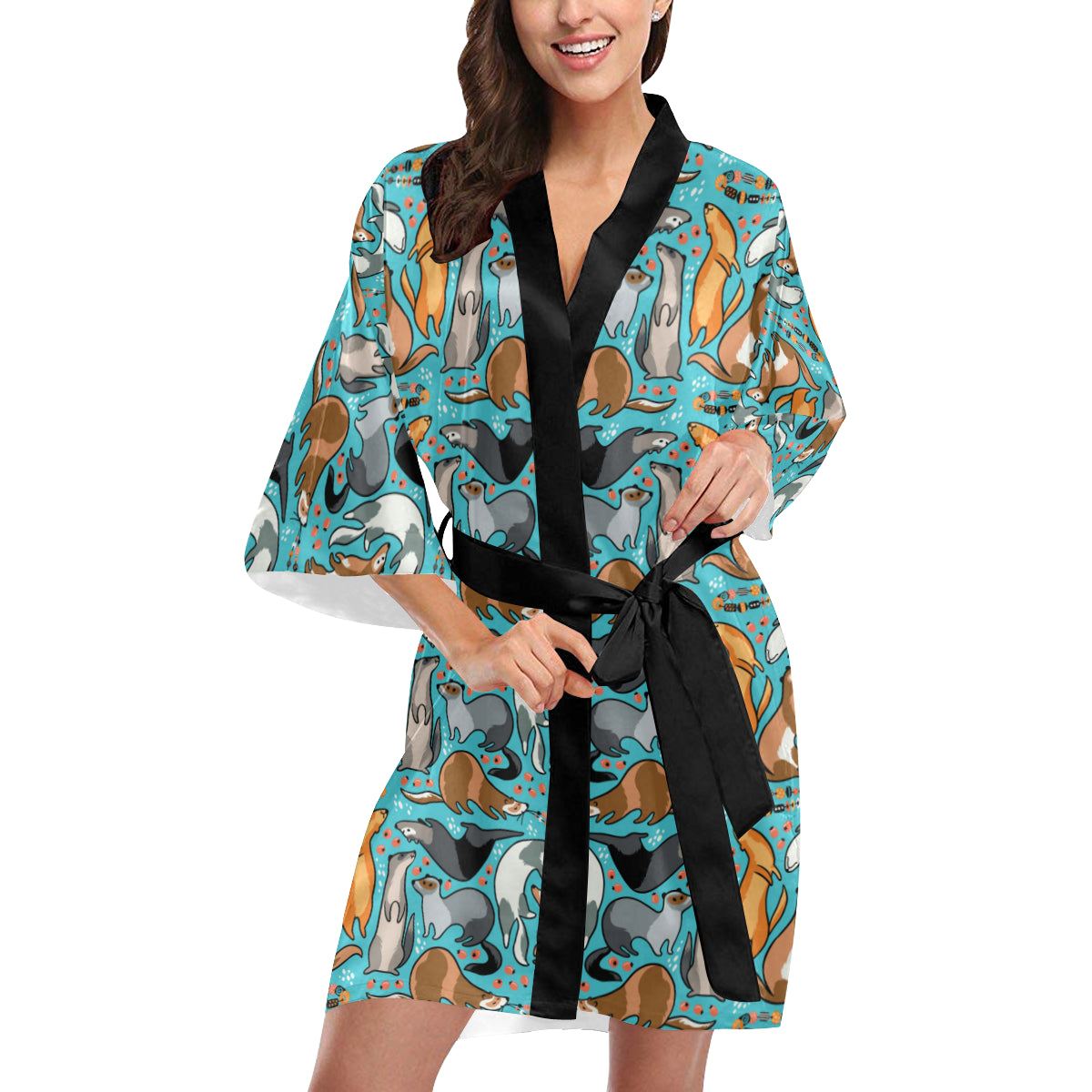 Ferret Pattern Print Design 03 Women's Short Kimono